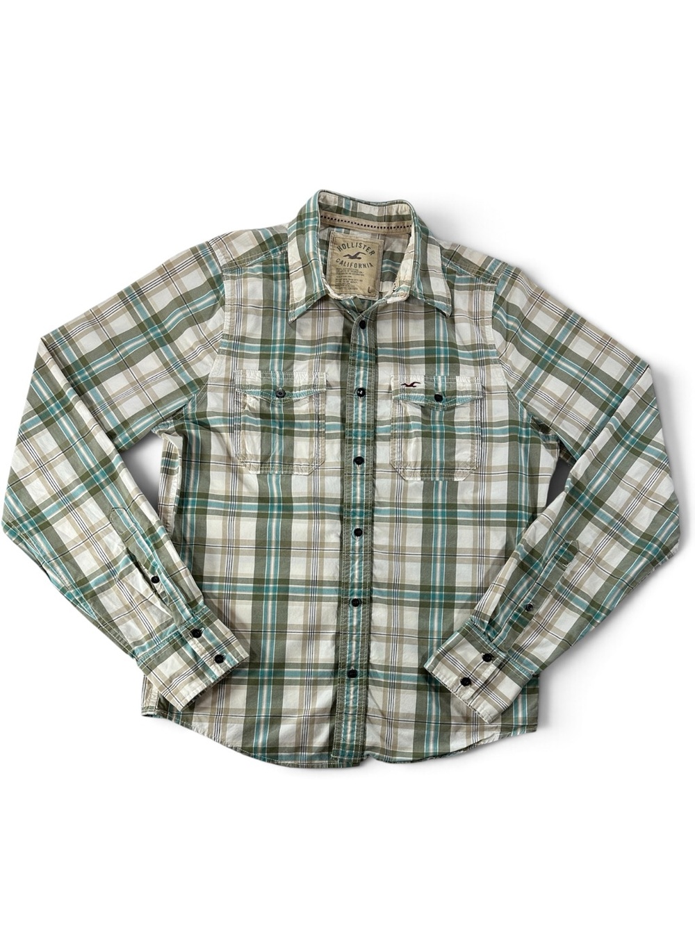 Hollister Men’s L Teal and Cream Plaid Long-Sleeve Button-Down Shirt